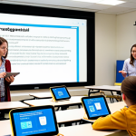 **Blended Learning Environment:** A brightly lit classroom scene. Students are collaborating in small groups, some using tablets, while others engage in a hands-on activity with a teacher facilitating. In the background, a large screen displays an interactive online learning platform. Focus on creating a sense of dynamic collaboration and integration of technology and traditional learning methods.