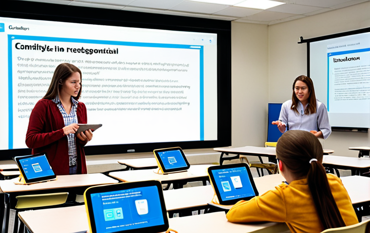 **Blended Learning Environment:** A brightly lit classroom scene. Students are collaborating in small groups, some using tablets, while others engage in a hands-on activity with a teacher facilitating. In the background, a large screen displays an interactive online learning platform. Focus on creating a sense of dynamic collaboration and integration of technology and traditional learning methods.