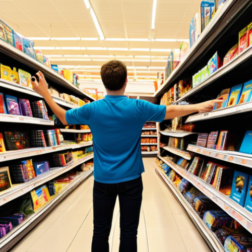 Home 6 **Overwhelmed by Choice:** A bewildered person stands in a fantastical, vast digital "supermarket" of online courses. Shelves are overflowing with glowing screens and virtual books, each plastered with exaggerated, flashy marketing slogans like "Guaranteed Success!" or "Learn Overnight!". The person looks small and lost amidst the immense, chaotic array of options, symbolizing the "e-learning labyrinth" and the "course collector syndrome." The scene uses vibrant, almost disorienting colors to convey the initial overwhelm and the allure of false promises.