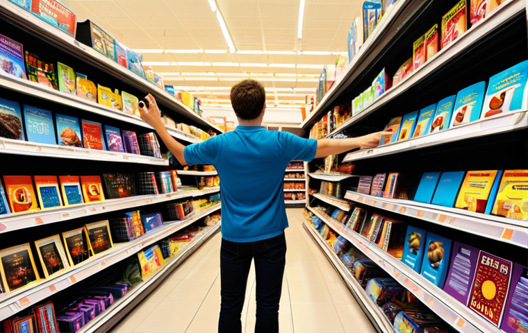 **Overwhelmed by Choice:** A bewildered person stands in a fantastical, vast digital "supermarket" of online courses. Shelves are overflowing with glowing screens and virtual books, each plastered with exaggerated, flashy marketing slogans like "Guaranteed Success!" or "Learn Overnight!". The person looks small and lost amidst the immense, chaotic array of options, symbolizing the "e-learning labyrinth" and the "course collector syndrome." The scene uses vibrant, almost disorienting colors to convey the initial overwhelm and the allure of false promises.